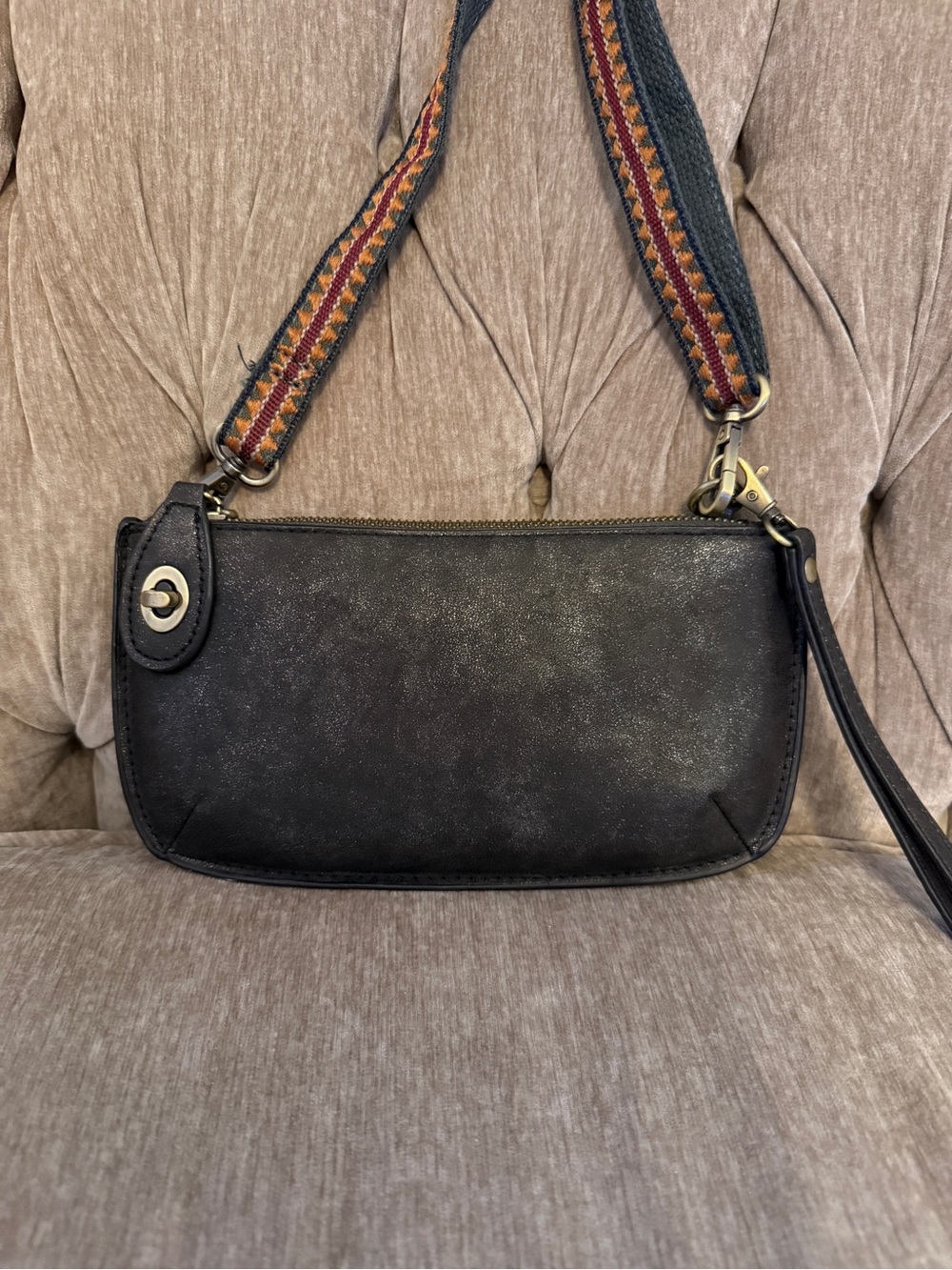 Joy Susan Black Crossbody Bag with Multicolor Woven Strap